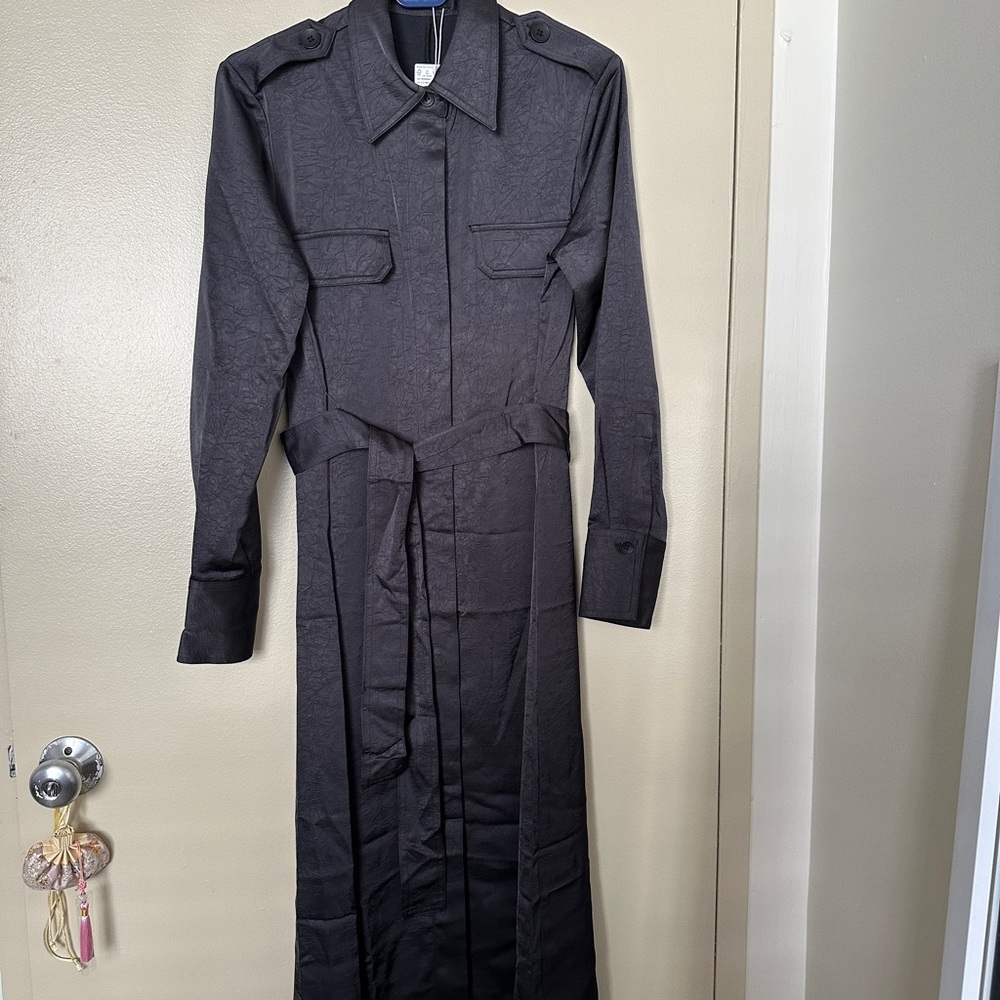 MANGO Jana Long Sleeve Textured Satin Midi Shirtdress
